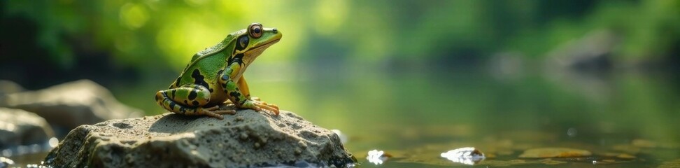 Frog sitting on rock near lake, tranquility, nature, peace