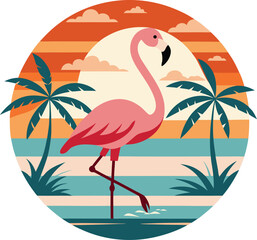 cute pink flamingo with palm trees and a sunset, with beach vector, vector and illustration, vector style 