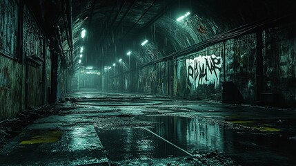 urban city tunnel gritty architecture graffiti walls dark corridor underground passage illuminated by light empty perspective street vibe nobody in frame