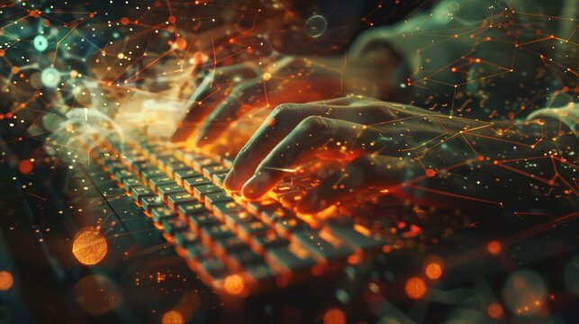A double exposure of a professional typing on a keyboard, blended with glowing network connections and a digital world map showing global data flow.
