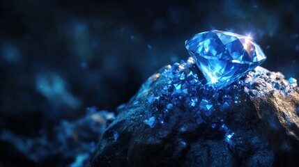 Obraz premium Radiant blue diamond atop dark rock; sparkling jewel; treasure hunt; stunning display; background