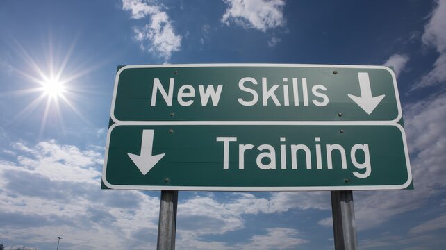 Sign points direction toward new skills and training