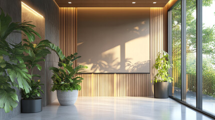 Fototapeta premium Large automatic roller blinds installed in an interior space, accompanied by a wooden wall panel and modern hi-tech plant pots. Electric curtains for home automation