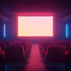 Fototapeta premium Empty cinema seats facing a large screen illuminated with neon colors at night. Generative AI