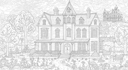 Fototapeta premium Detailed House & Home Building Design Coloring Book: Outline Sketch Doodle Illustrations with Page Drawing Elements