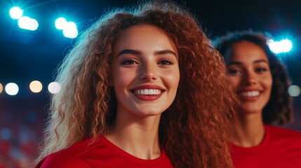 Fototapeta premium Cheerful women in red jerseys smiling at nighttime sports stadium with bright lights