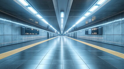 Obraz premium silent metro platform in an empty underground station, modern transport with illuminated design, clean and spacious corridor, futuristic city subway with glowing architecture and contemporary urban in