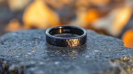 Black hammered ring on a rock by a fire