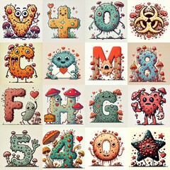Cartoon Fungus Monster Lettering Typeface. Love concept. AI generated illustration