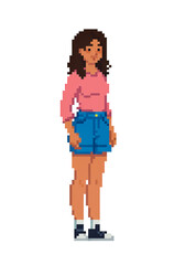 vector illustration of a girl against simple background ideal to use as negative space to add text, illustration in pixelated style