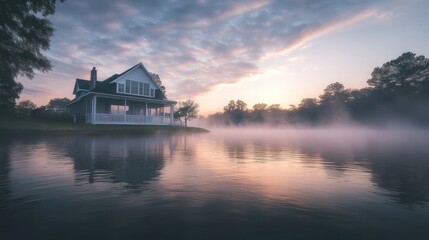 Fototapeta premium Lakeside House at Sunrise Misty Morning Scene