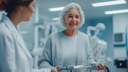 Obraz premium Doctor and elderly woman with a walking frame in a modern rehabilitation center, focusing on healthcare and support