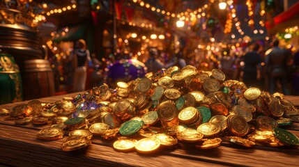 A vibrant scene featuring a pile of shimmering gold coins on a wooden table, illuminated by festive lights and surrounded by a lively atmosphere.