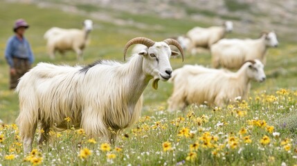 Obraz premium Fluffy White Goat Among Sheep In A Flower Field