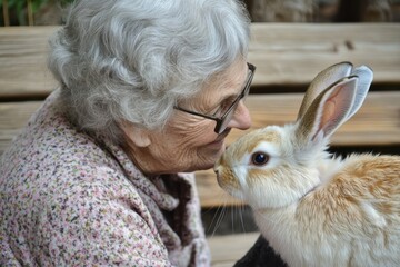 Joyful moments shared between an elderly woman and her playful rabbit companion