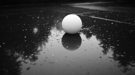 Wet ping pong ball reflection on dark surface