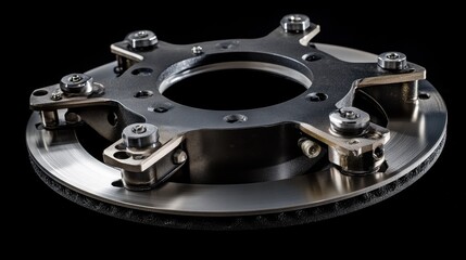 Close-up of a precision-engineered brake disc showcasing metallic textures and intricate details against a sleek black background.