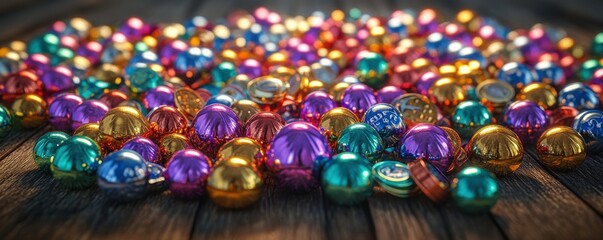 Colorful, shiny ornaments scattered over a wooden surface, creating a festive, vibrant atmosphere.
