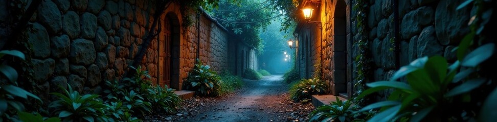 Obraz premium Mysterious dimly lit alley with crumbling stone walls and overgrown vegetation, alleys, abandoned