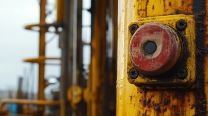 Close-up of a weathered, rusting red button on industrial machinery with a yellow frame, highlighting wear and age in an industrial setting.