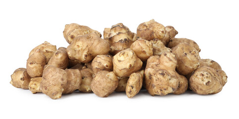 Fresh Jerusalem artichokes isolated on white. Root vegetable
