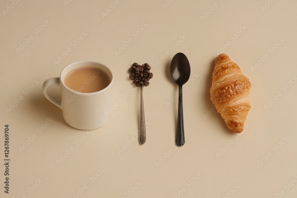 Aufkleber Enjoying morning coffee with croissant and coffee beans arranged in a flat lay on a light surface. Generative AI