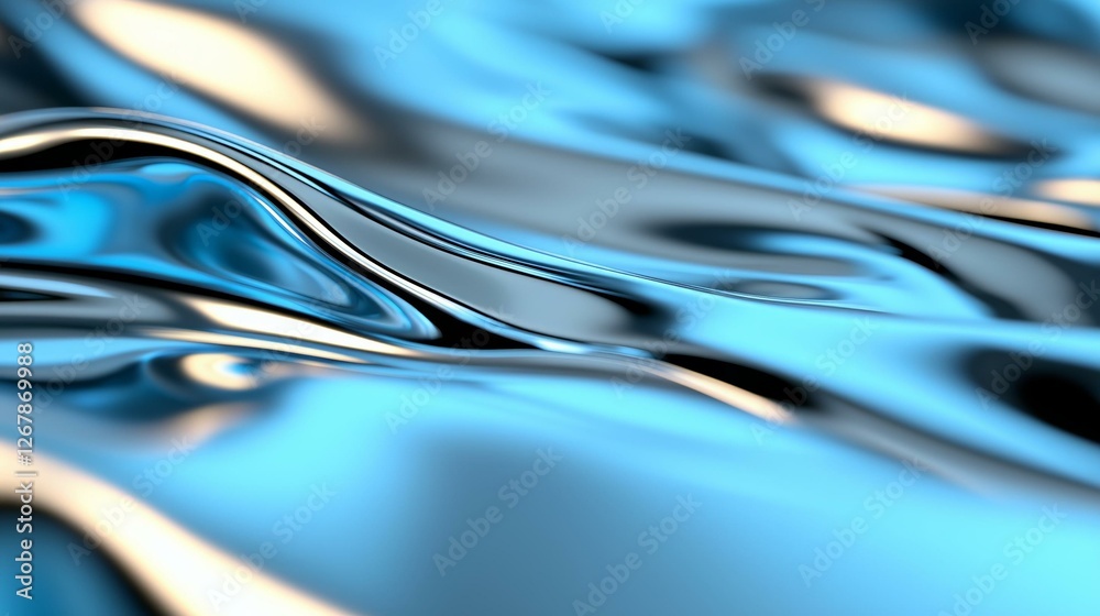 Poster flowing blue abstract liquid background with smooth metallic waves and light reflections