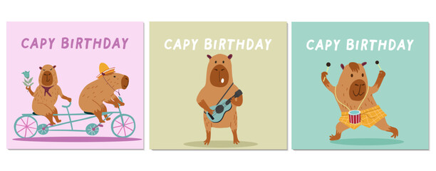 Postcards set, collection with capybaras cards for capy birthday, holiday. Handmade, hand drawn vector illustration.
