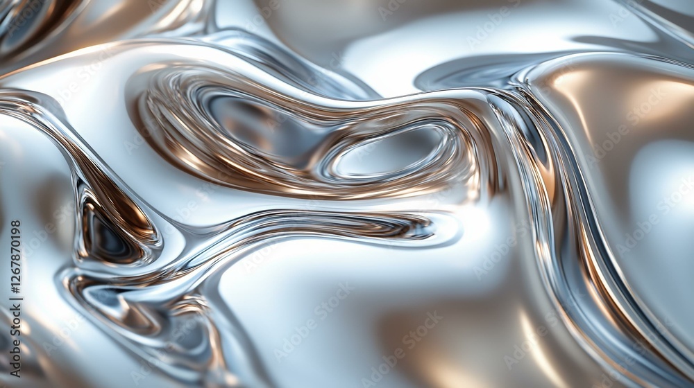 Wall mural fluid metallic surface with abstract reflections and smooth curves