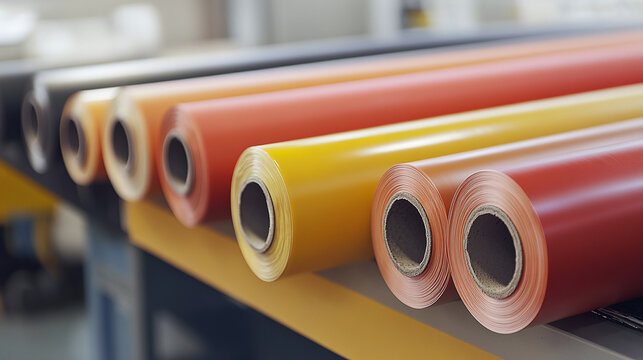 Rolls of vibrant colored vinyl material lined up.  Great for crafts, signs, or creative designs with a modern industrial feel. Smooth and bright!