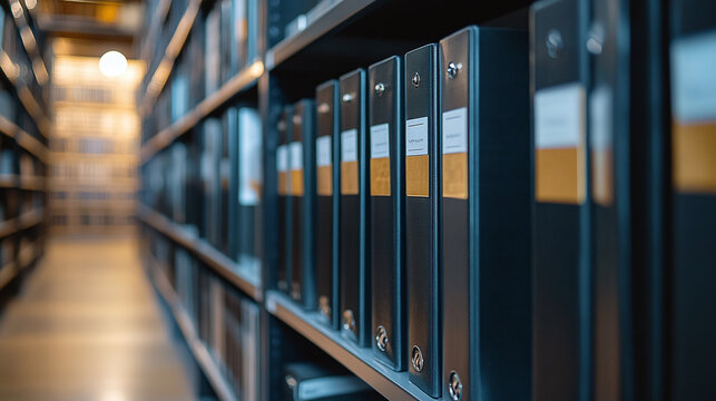 Archival Storage: Dark binders are organized on shelves in a dimly lit archives facility, symbolizing information management and records keeping.