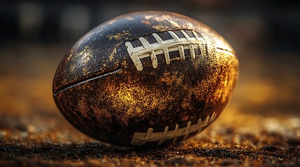 Stylized golden rugby ball positioned dynamically with dramatic shadows