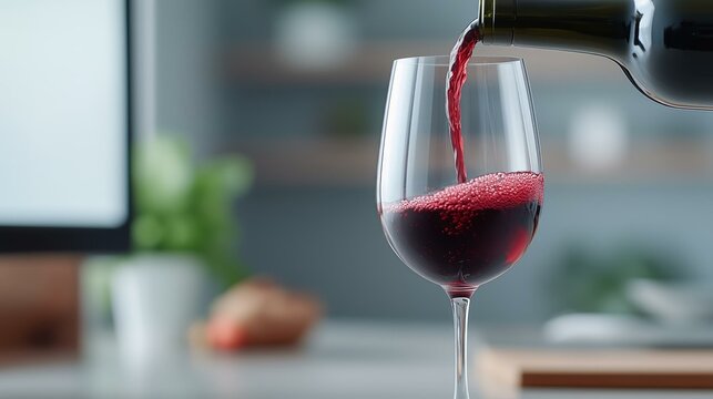 Pouring red wine into glass with bokeh background in modern kitchen setting