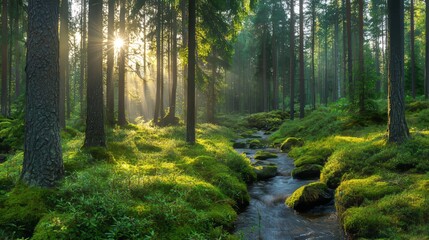 Obraz premium Sunrise streams through mossy forest creek