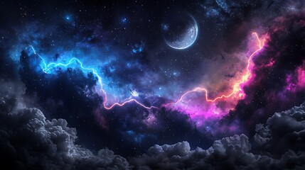 Fototapeta premium Cosmic Nightscape Nebula, Lightning, and Crescent Moon