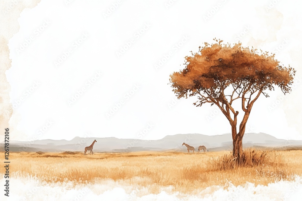 Aufkleber giraffes roam in a serene golden savanna landscape with an acacia tree against a tranquil backdrop. 