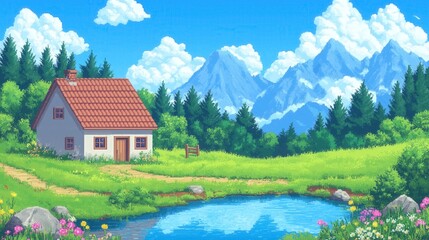 Fototapeta premium Pixel Art Tranquil Mountain Landscape with House, Pond, and Lush Greenery