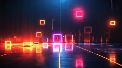 Neon squares falling, futuristic floor, dark background, digital backdrop - Powered by Adobe