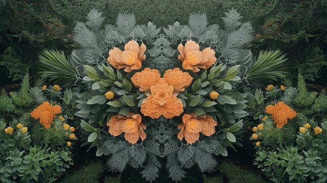 Symmetrical floral arrangement,  green foliage,  nature-inspired design,  ideal for backgrounds
