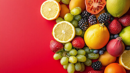 Vibrant fruit medley: strawberries, grapes, lemons, berries, oranges, and more. Fresh and colorful display of nature's bounty on a rich red surface.