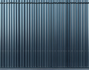 Obraz premium Exterior view of building with corrugated metal panels. Cladding dark gray color, scalloped design. Horizontal stripes, shadows present on surface. Metal sheets rivets. Structure looks modern,