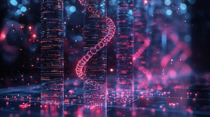 This digital illustration depicts futuristic, swirling DNA strands glowing amidst tall transparent columns in a creative, isolated setting.