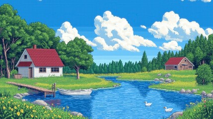 Obraz premium Pixel Art Serene countryside landscape with charming cottages and peaceful waterway