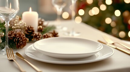 Elegant holiday dining setup with candlelight and festive decor