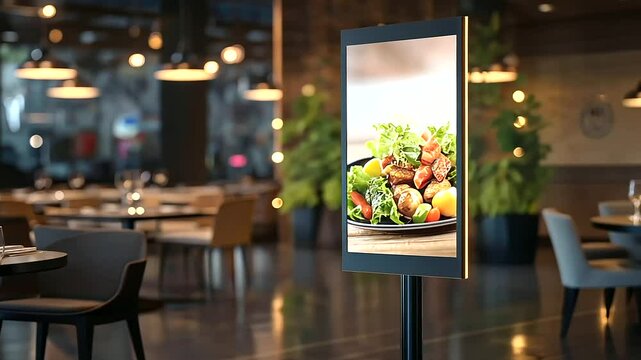 A sophisticated restaurant interior with a vertical ad banner displaying a seasonal special, placed beside a cozy dining area with soft ambient lighting.
