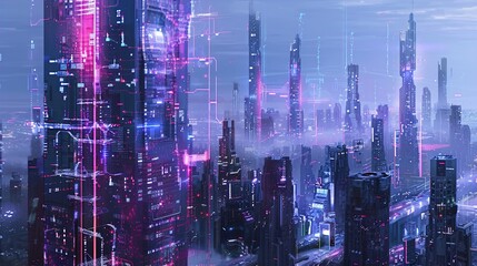A futuristic city skyline layered with holographic projections of IT systems, interconnected devices, and digital circuits in a double exposure style.