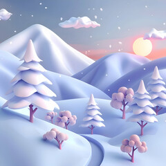 Dreamy Winter Landscape. 3D Render of Snowy Mountains and Trees