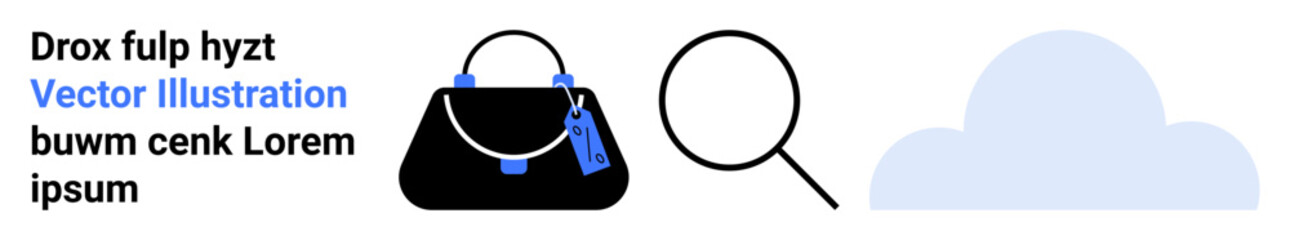Modern handbag with tags, magnifying glass for search, cloud representing connectivity. Ideal for e-commerce, retail, fashion, shopping, technology product search online services. Flat landing page