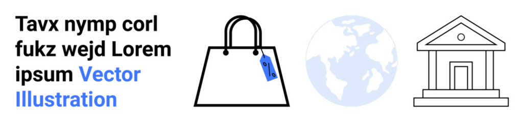 Shopping bag with a price tag, globe representing global context, and bank building outline. Ideal for commerce, retail, globalization, finance, trade saving and economy concepts. Perfect as a flat
