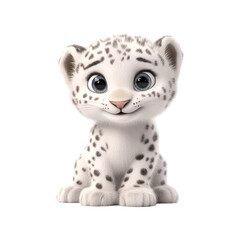 Cute baby Snow Leopard with big eyes in 3D cartoon style Isolated on White Background